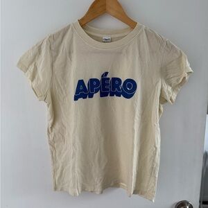 Clare V Cream T-Shirt with Blue "APÉRO" Graphic Size Small